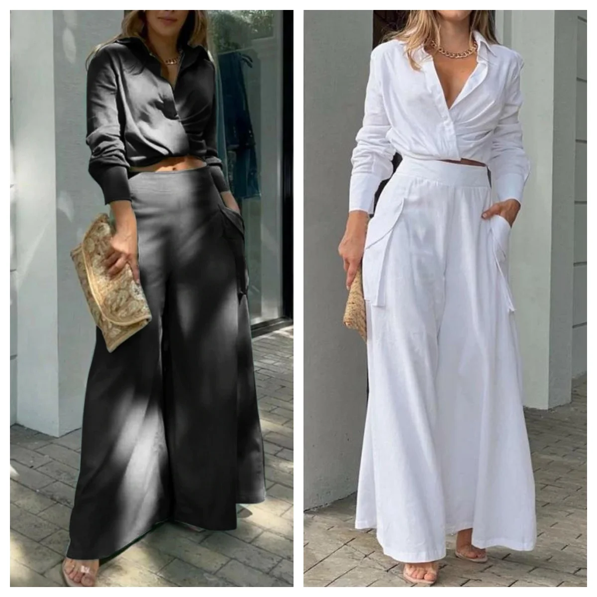 CommConsulTwo-Ensemble haut et pantalon à jambes larges pour femme, tenue sexy, vêtements à la mode, tempérament monochrome, été