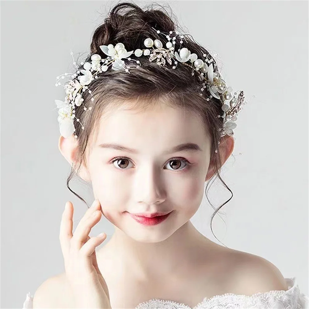 

Повязка на голову невесты с жемчужным цветком, детский цветочный венок, супер фея, аксессуар для волос принцессы, повязка на голову, лента