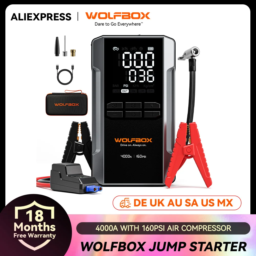 WOLFBOX 4000A Starthilfe mit 160PSI Luftkompressor Powerbank, 88,8Wh Tragbarer Reifenfüller LED-Anzeige LED-Licht