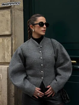 معطف صوفي عتيق منقوش بأكمام طويلة وأكمام طويلة سترات نسائية أنيقة برقبة دائرية وسترات مزدوجة الصدر ملابس خارجية نسائية ريترو 2024 ﻿