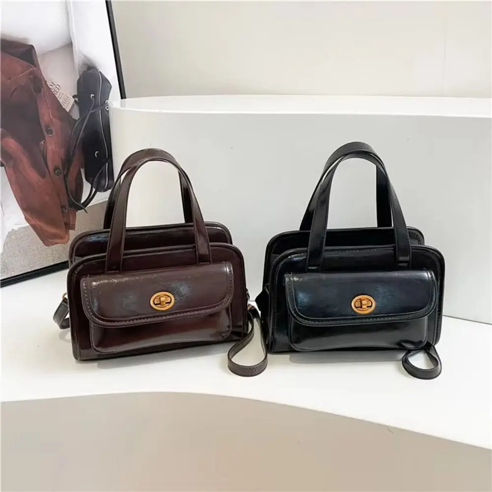 

Casual Korean Style PU Bowling Bag Handbag Minority Design Pocket Boston Tote Bag French Style Solid Color Underarm Bag Portable