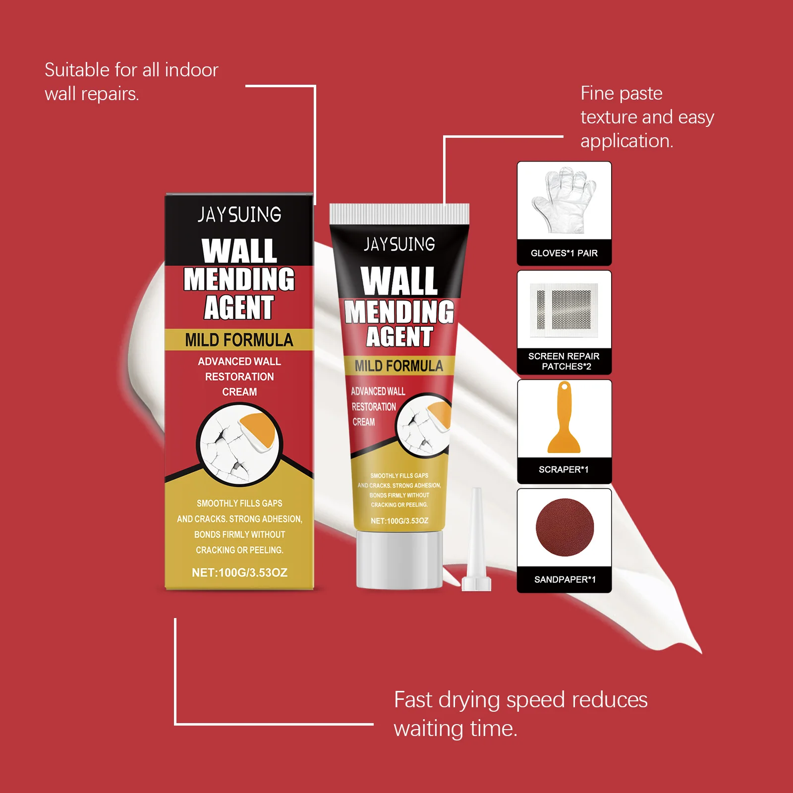 JAYSUING Wall Mending Agent Kits Wall Repair Cream with Scraper Paint Effectively Mouldproof Fast Drying Restore Patch Nail Hole