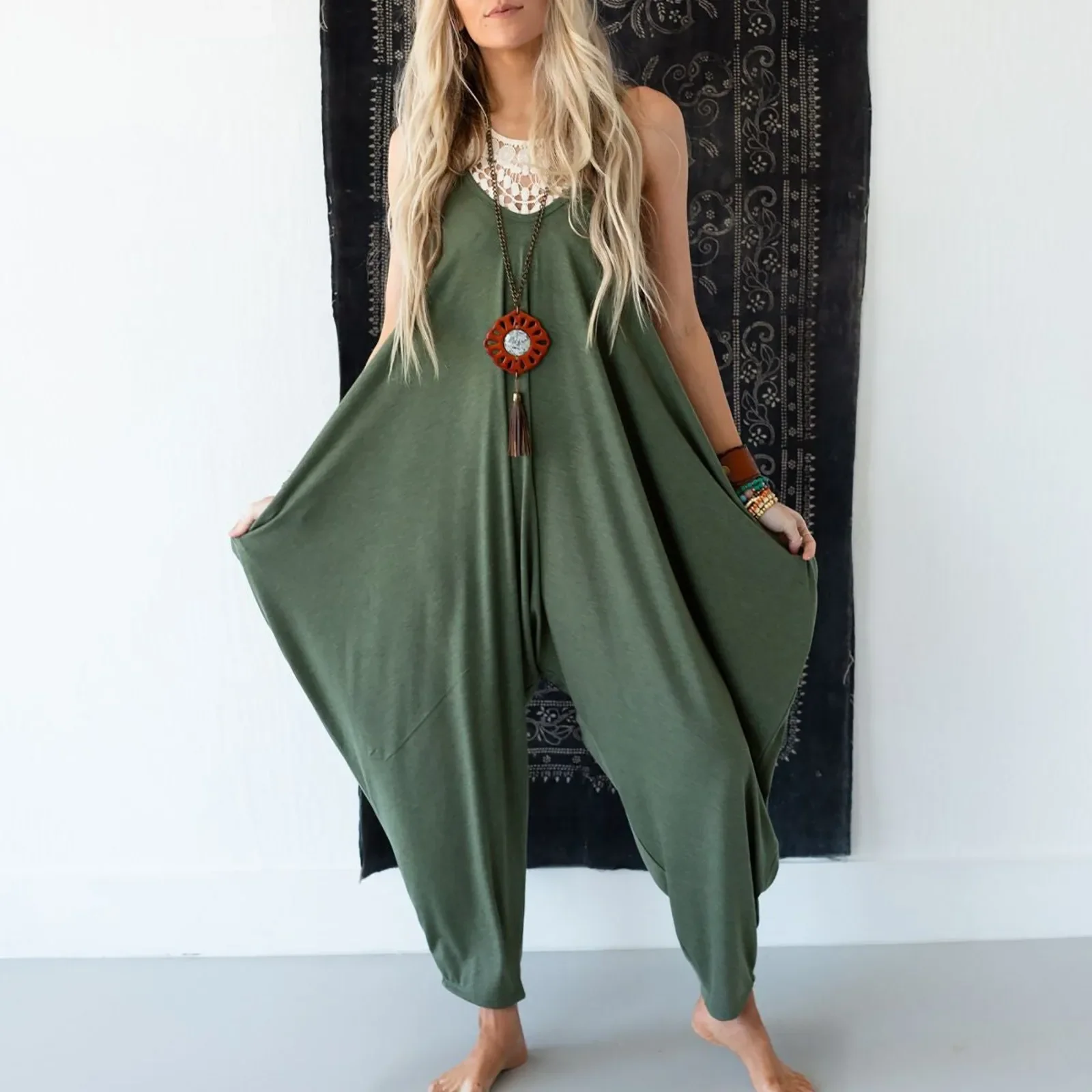 

Women Summer Solid Color Jumpsuits Ankle-length Playsuit Sexy V-neck Sleeveless Jumpsuits Female Casual Loose Rompers Size S-3xl