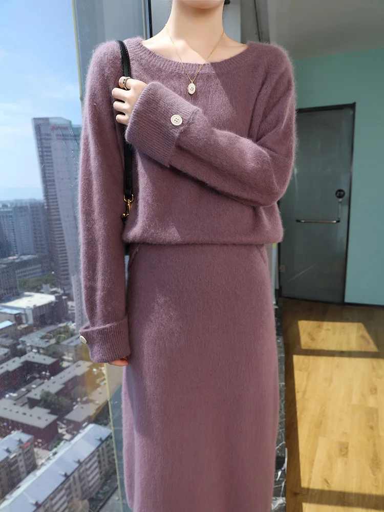 100% Pure Mink Cashmere Knitted Suit Skirt Women O-Neck Long Sleeved Loose Sweater Elastic Waist Medium-Long Skirts Thicken Set