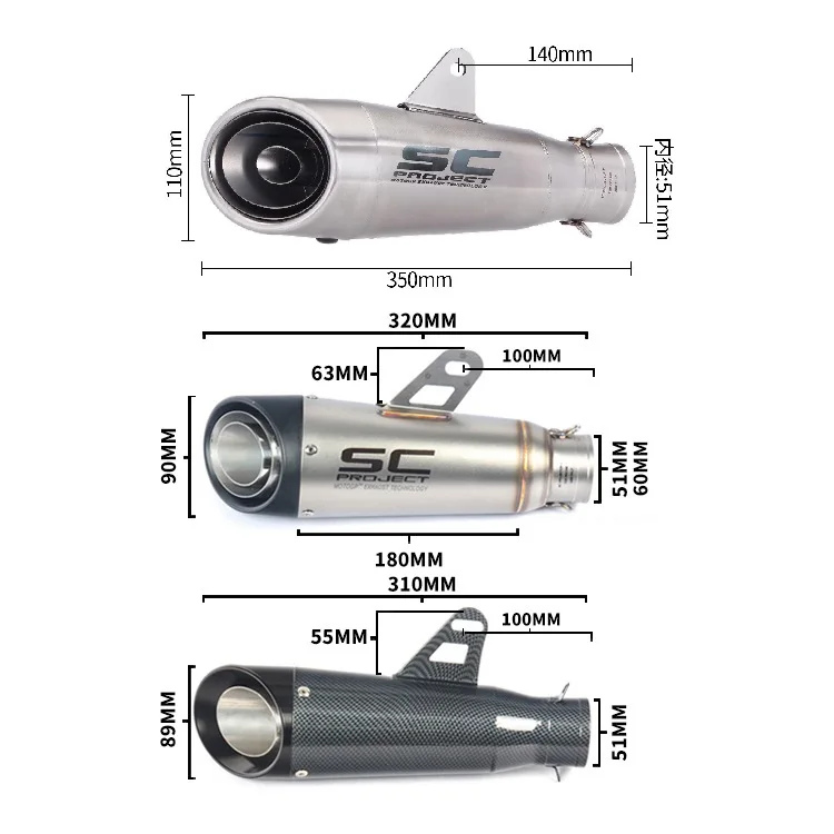 For Kawasaki Ninja Z900 Honda CB650R Yamaha R3 51mm Motorcycle Exhaust Muffler Pipe Escape 335mm Length