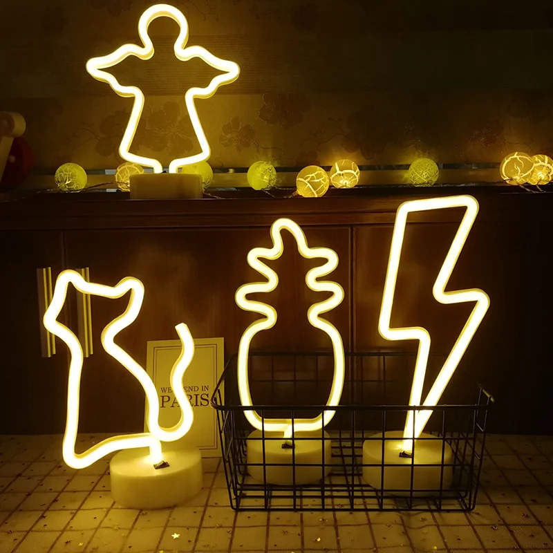 Desktop LED Neon Light Sign Heart Cat Cloud Lighting Bat Modeling Lamp with Base Decor Room Kid Nightlight USB & Battery Box