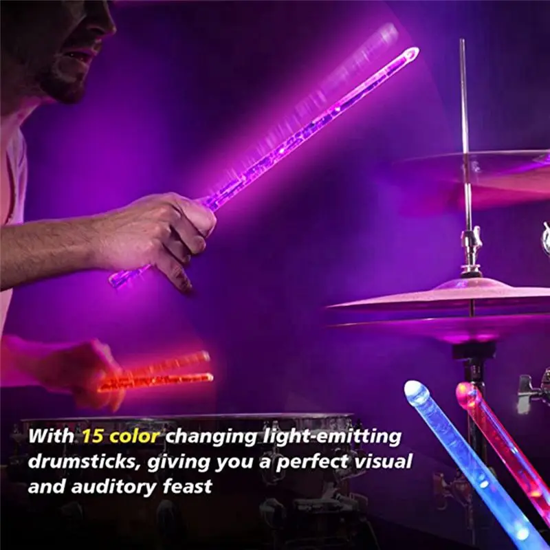IN-A825U!LED Light Emitting Drumsticks 15 Colour Gradient USB Rechargeable+Switch Electronic Drumsticks for Stage Performance