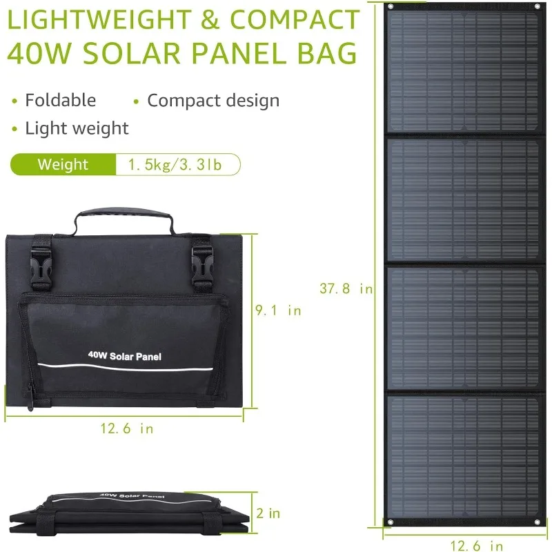 لوحة شمسية محمولة 40 وات، شاحن شمسي قابل للطي لمحطة طاقة مولد الطاقة الشمسية الخارجية، مسند قابل للتعديل تيار مستمر إلى كابل تيار مستمر