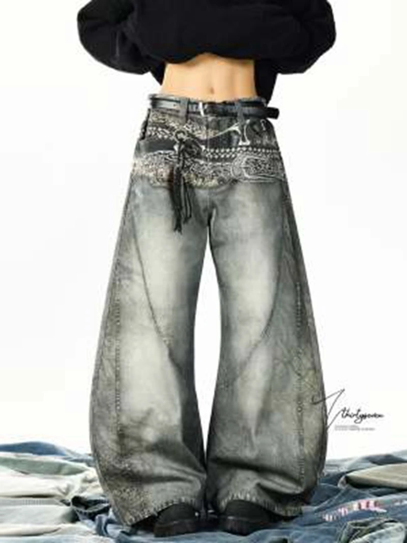 النمط الأمريكي الرجال منحني سكين Y2K حزام البنطال الجينز الطباعة التباين اللون غسل واسعة الساق خمر الهيب هوب الذكور سراويل جينز #1