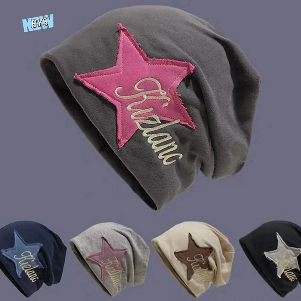 

Autumn and Winter College Style Pile Hat Star Sticker Solid Color Women Warm Cap Beanie Hat Korean Style Caps Letter Hat