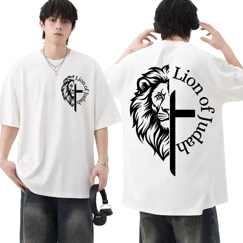 Lion of Judah Aesthetic Christian Religious Tee Shirt Men Fashion Gothic Jesus T-shirt Unisex Summer O-Neck Short Sleeve T Shirt