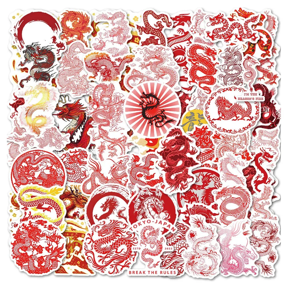 50PCS Chinese Dragon Cartoon Stickers Paper Cutting Zodiac Animal Phone Diy Shell Water Cup Waterproof Decorative Sticker Toys