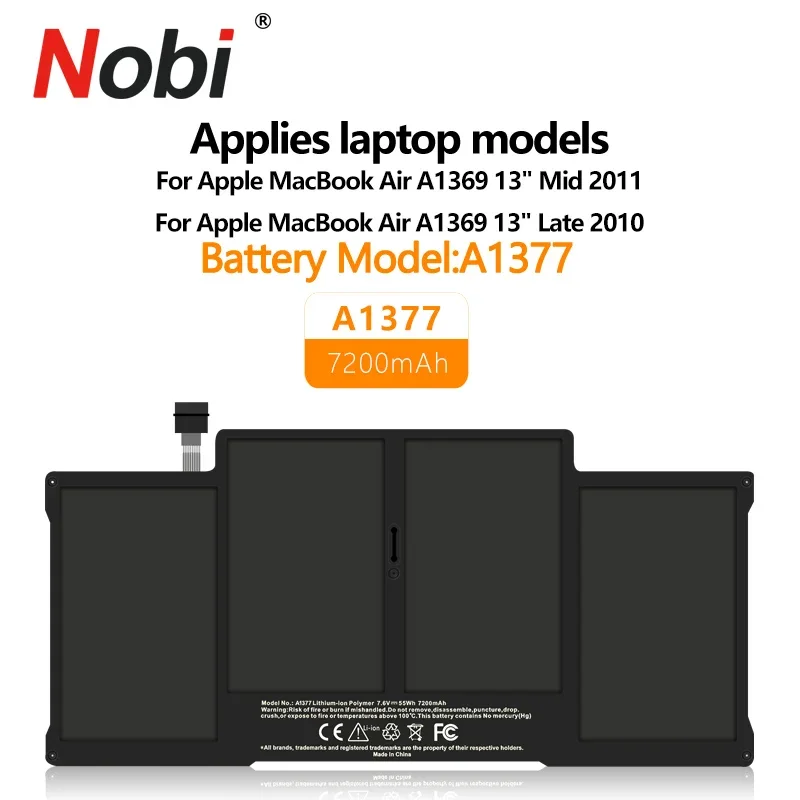 

NOBI A1377 Laptop Battery For Apple Macbook Air 13.3'' A1369 Battery MC504 2010 7.6V 55Wh 7200mAh Batteries Free Tools shipping