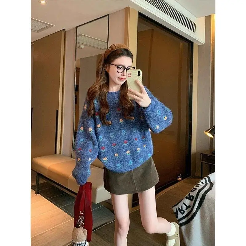 

Женский жаккардовый вязаный свитер в корейском стиле с цветочным принтом, свободный свитер с круглым вырезом, молодежный пуловер в ленивом стиле, осень-зима, повседневная мода