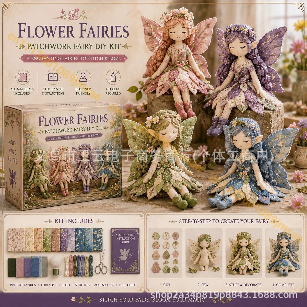 Kit de bricolage Patchwork Fées Fleuries, Ensemble de couture féerique enchanteur avec tous les accessoires et guide, Poupée artisanale fantaisie pour adultes