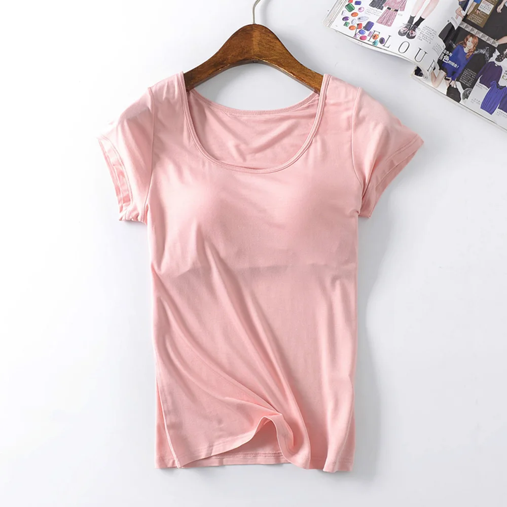 2022 New Women Bra T-Shirt Modal Bra-T With Pad Cup Short Sleeves Summer Sexy Casual Bra One Piece Sports Tank Top Plus Size