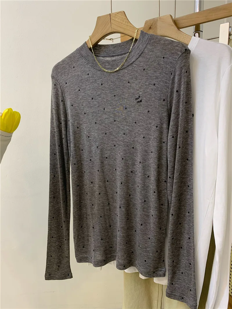 Slimming Effect Summer New Loose Long Sleeve Women's T-shirt Korean Style Cotton Blend Woolly Fabric Polka Dot Base Shirt