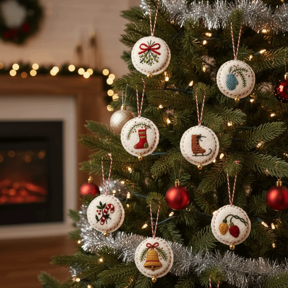 Round DIY Felt Embroidered Christmas Ornament Kit Beginner-friendly Handmade Xmas Tree Felt Embroidered Ornament Kit