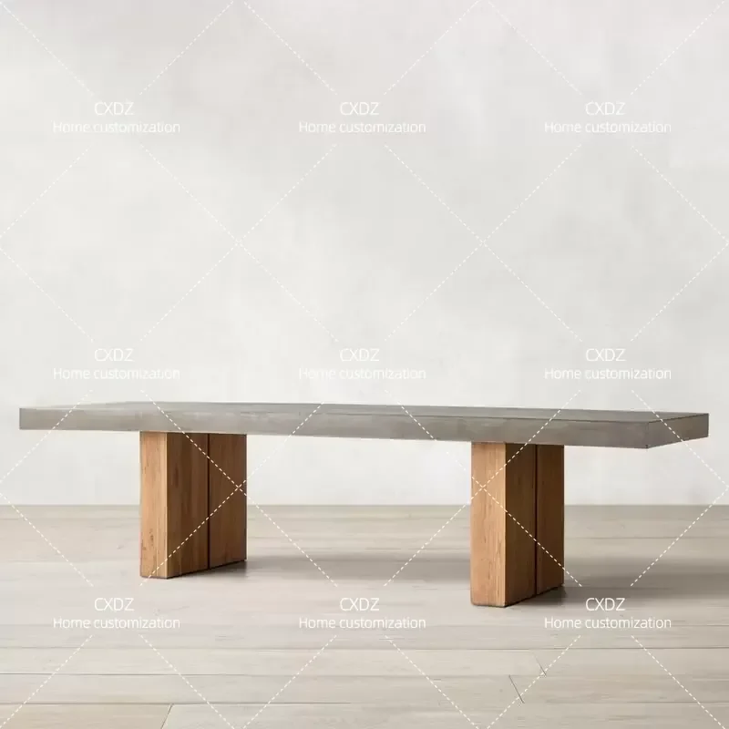 Nordic Simple Wabi Style Solid Wood Dining Table Minimalist Cement Gray Rectangular Large Board Desk Workbench