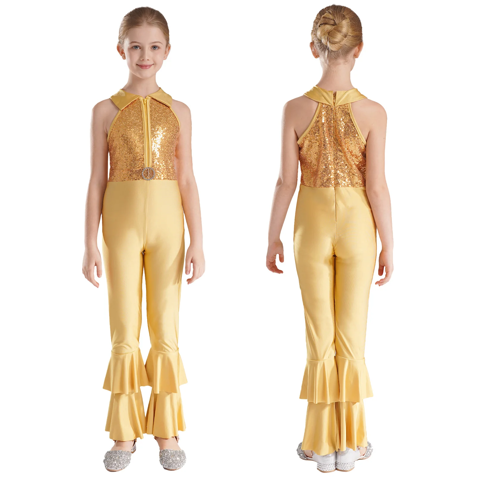 Kids Girls Shiny Sequins 60s 70s Hippie Costume Jumpsuit Bell-Bottom Dance Romper Party Performance Ballet Ballroom Dancewear