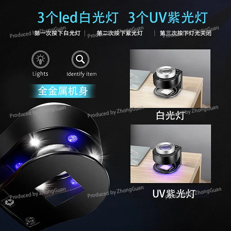 High-definition All-metal Textile Fabric Printing Grid Pigeon Eye Mirror with 6led Banknote Inspection Scale Magnifying Glass