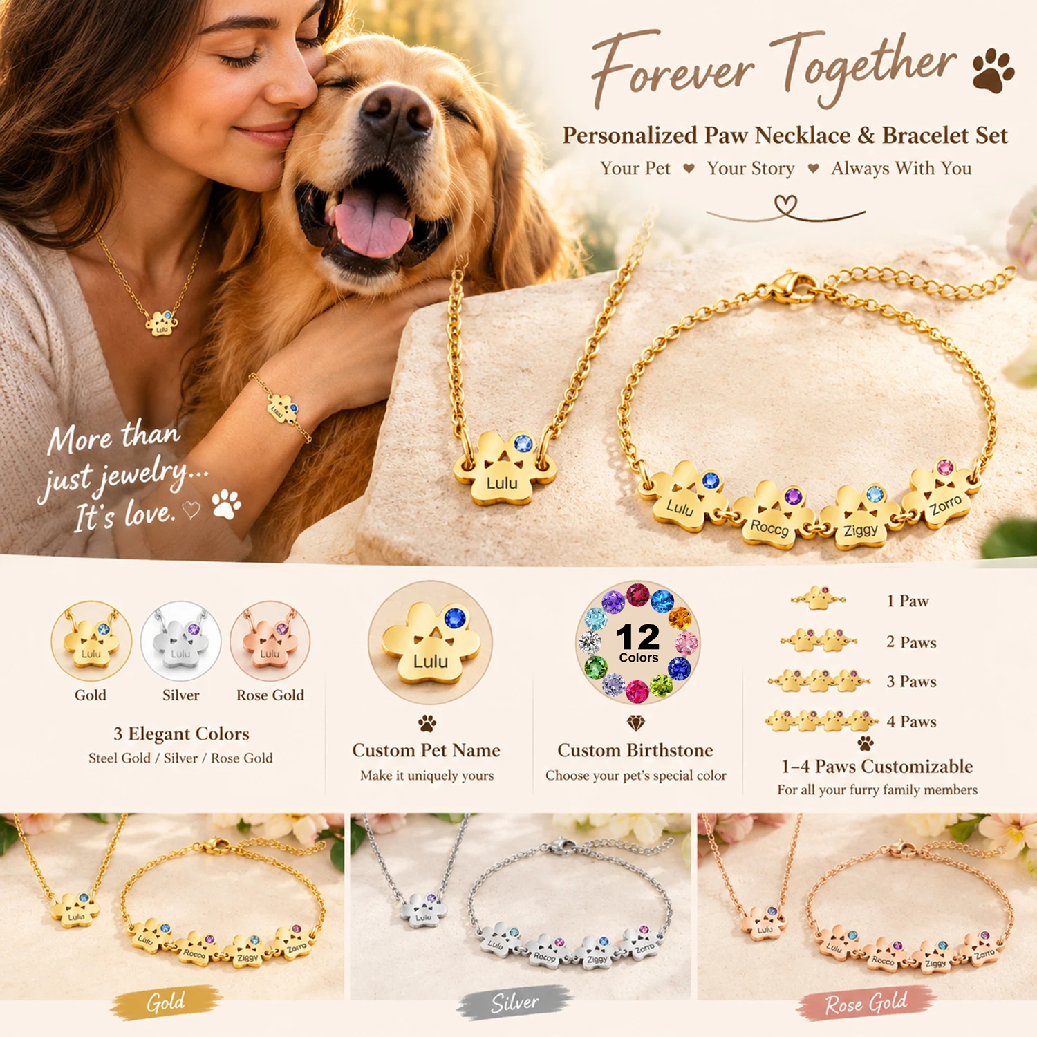 Custom Family Names Dog Paw Necklace Bracelet Personalized Pet Names Birthstone Bracelet Bangle Mom Christmas Gift For Her