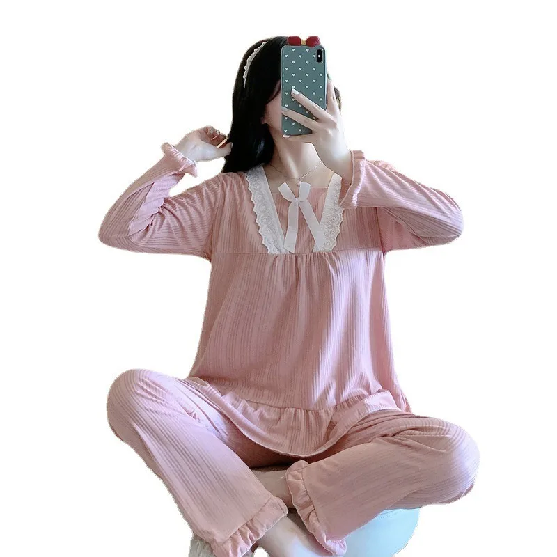 Camisón mujer estilo palaciego pantalones largos de manga larga pijamas de talla grande conjunto de dos piezas romántico mujer Color sólido ropa de dormir a rayas