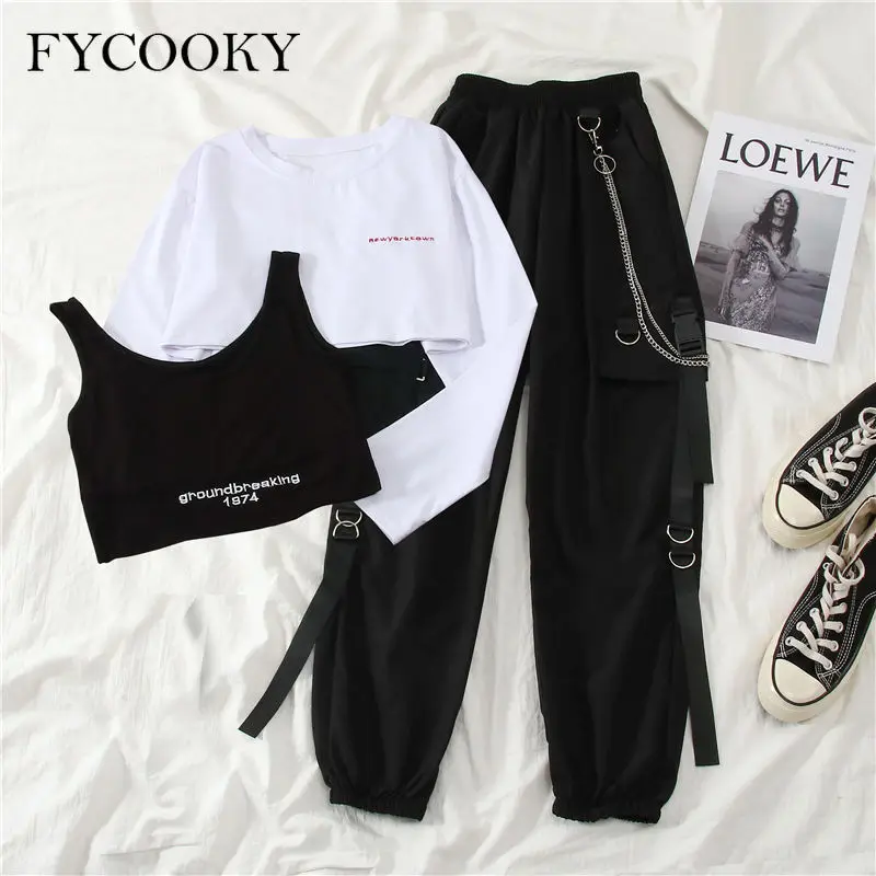 

2025 Fashion Jogger 3 Piece Sets Women New High Waist Cargo Pants with Chain Streetwear Casual Hip Hop Long Sleeve Crop Tops