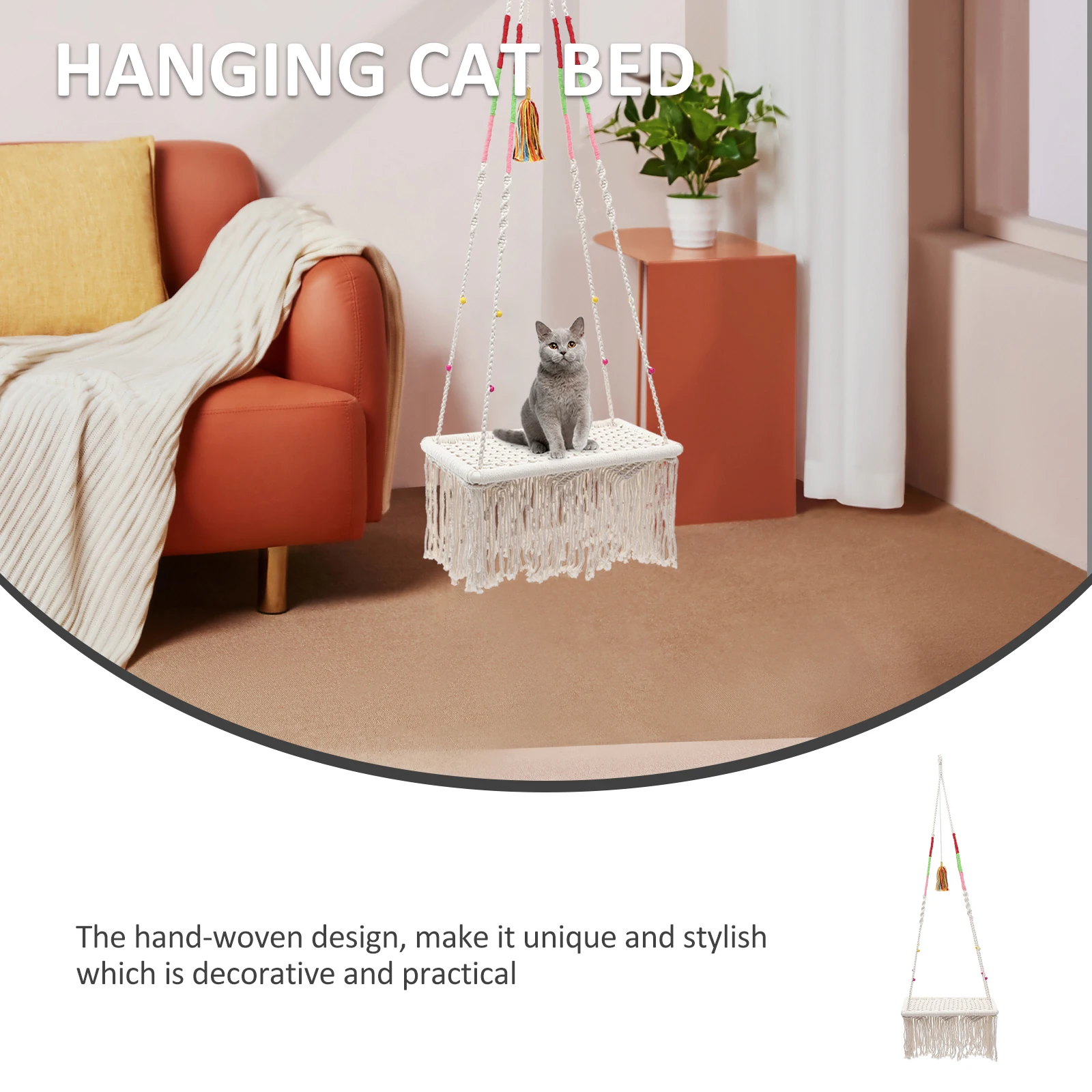 

Hanging Cat Nest Macrame Hammock Swing Bed for Indoor Cats Wear Resistant Kitten Accessory Bohemia Style Pet Supplies