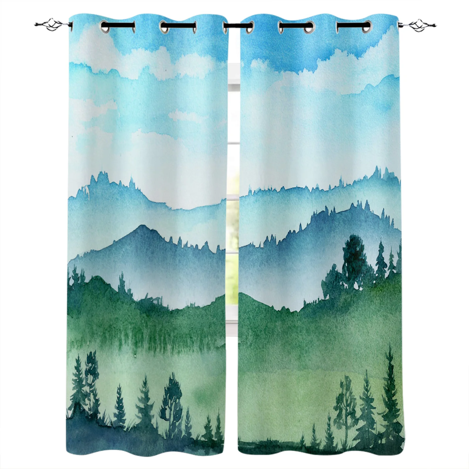 Green Woodland Landscape Watercolor Blackout Curtains Window Curtains For Bedroom Living Room Decor Window Treatments