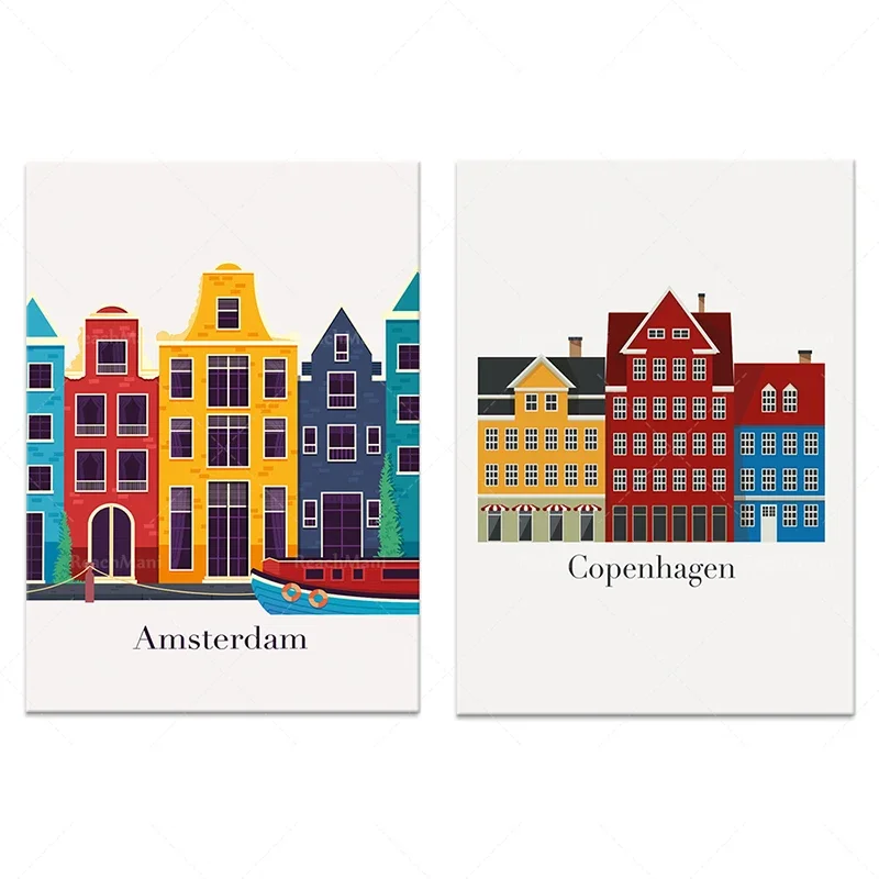 Mural artístico de Ámsterdam, póster de Ámsterdam, impresión de Copenhague, impresión de paisaje urbano de Copenhague, lienzo decorativo