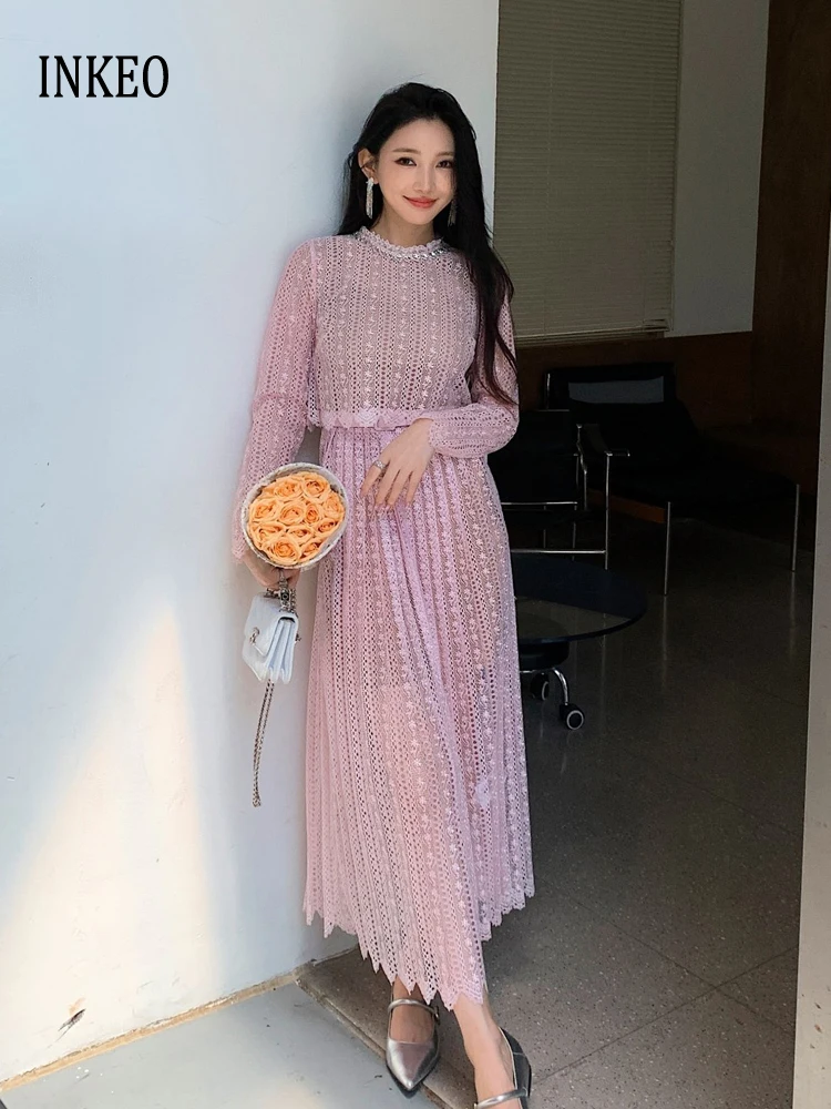 

Изысканное кружевное платье миди с вырезами и поясом, женское, новинка 2026 года, розовое, элегантное, с бисером и стразами, с круглым вырезом, плиссированное, INKEO 6D009