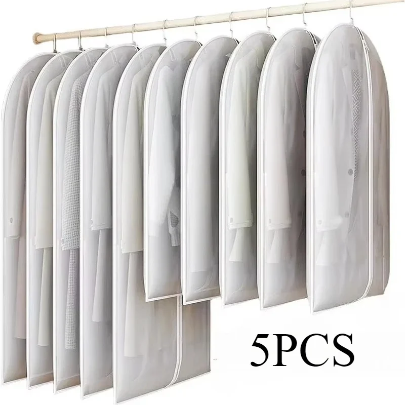 5Pcs Clothes Dust Cover with Zipper Suit Coat Jacket Waterproof Dustproof Hanging Clothes Bag Transparent Storage Bag