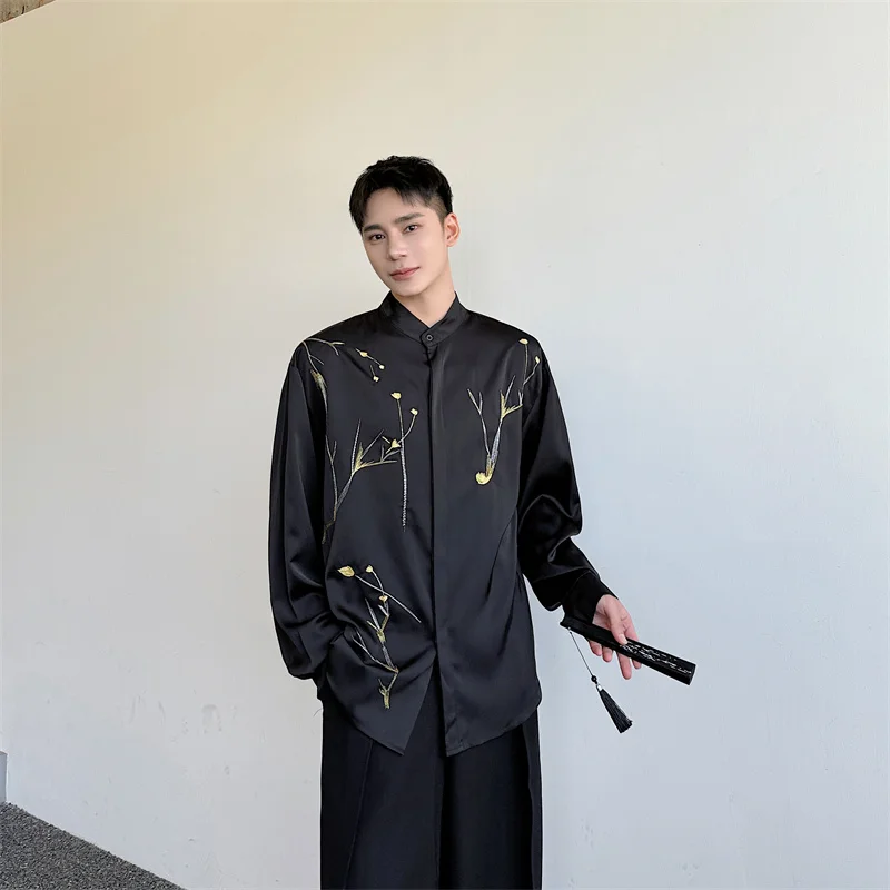 

Summer New Chinese Sle Men's Long Sve irt Embroidered Satin Drapey Ice Sensation Loose Fit Youthful ular Four Seasons