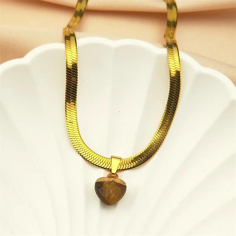 Vintage Brown Tiger Eye Stone Love Heart Pendant Necklace Women Men Stainless Steel Gold Color Chain Choker Jewelry NZZZ417-3S01