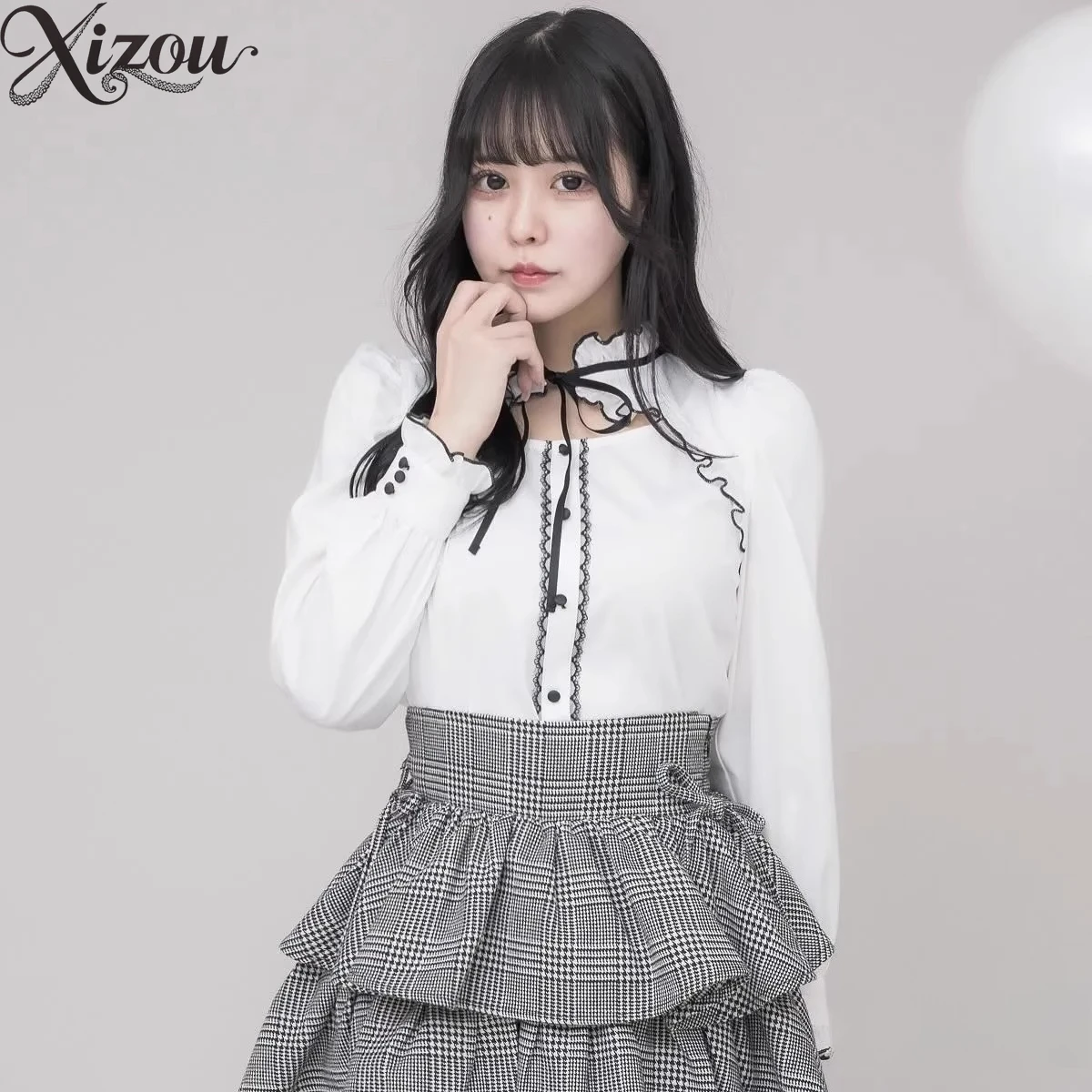 

2025 Japanese Women Blouse Lace Hollow Sweet French Shirt Ruffles Stand Lace-up Collar Spring Summer Butterfly Shawl(No Label)