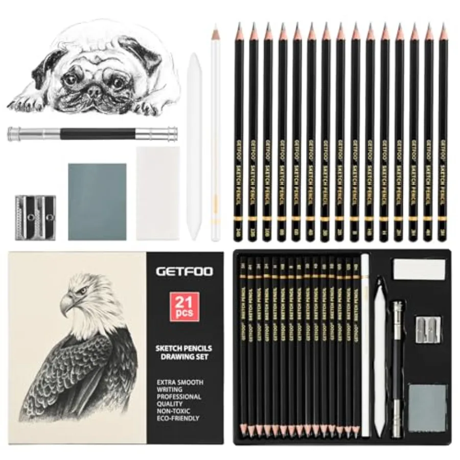 Drawing Sketching Pencil Set 21 Pack Art Pencil Kit with Graphite Pencils 14B-5H,Charcoal Pencil, Ideal for Shading, Blending,