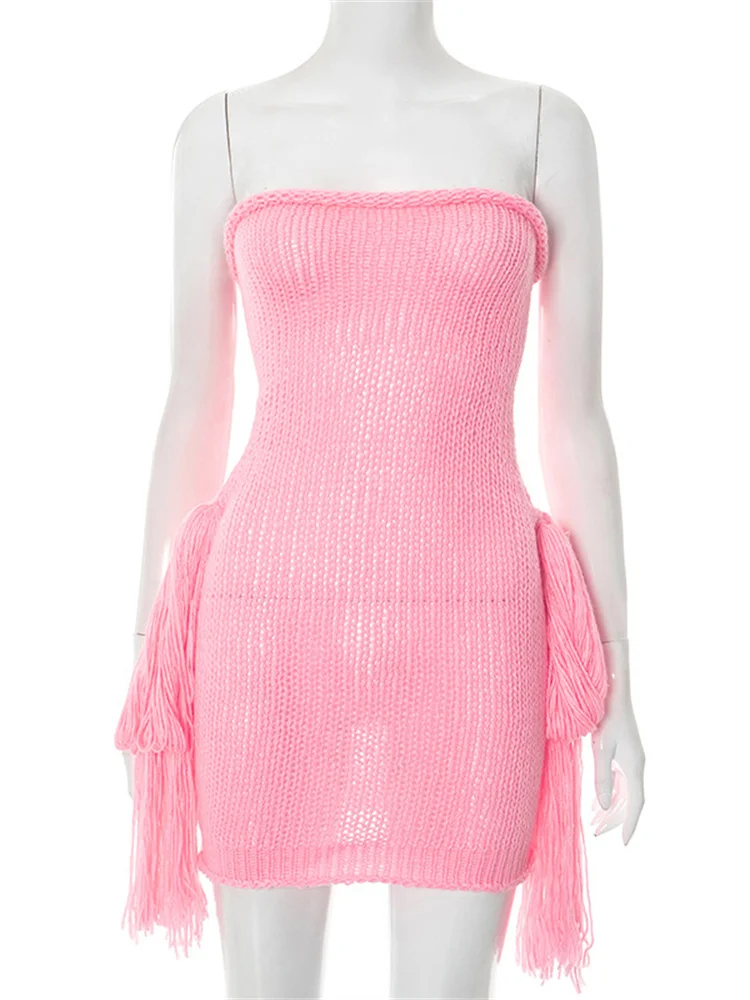 Simenual Cyber Y2K Solid Knitted Strapless Mini Dress 90s E-girl Sleeveless Tassel Bodycon Dresses Fairycore Sheer Party Vestido
