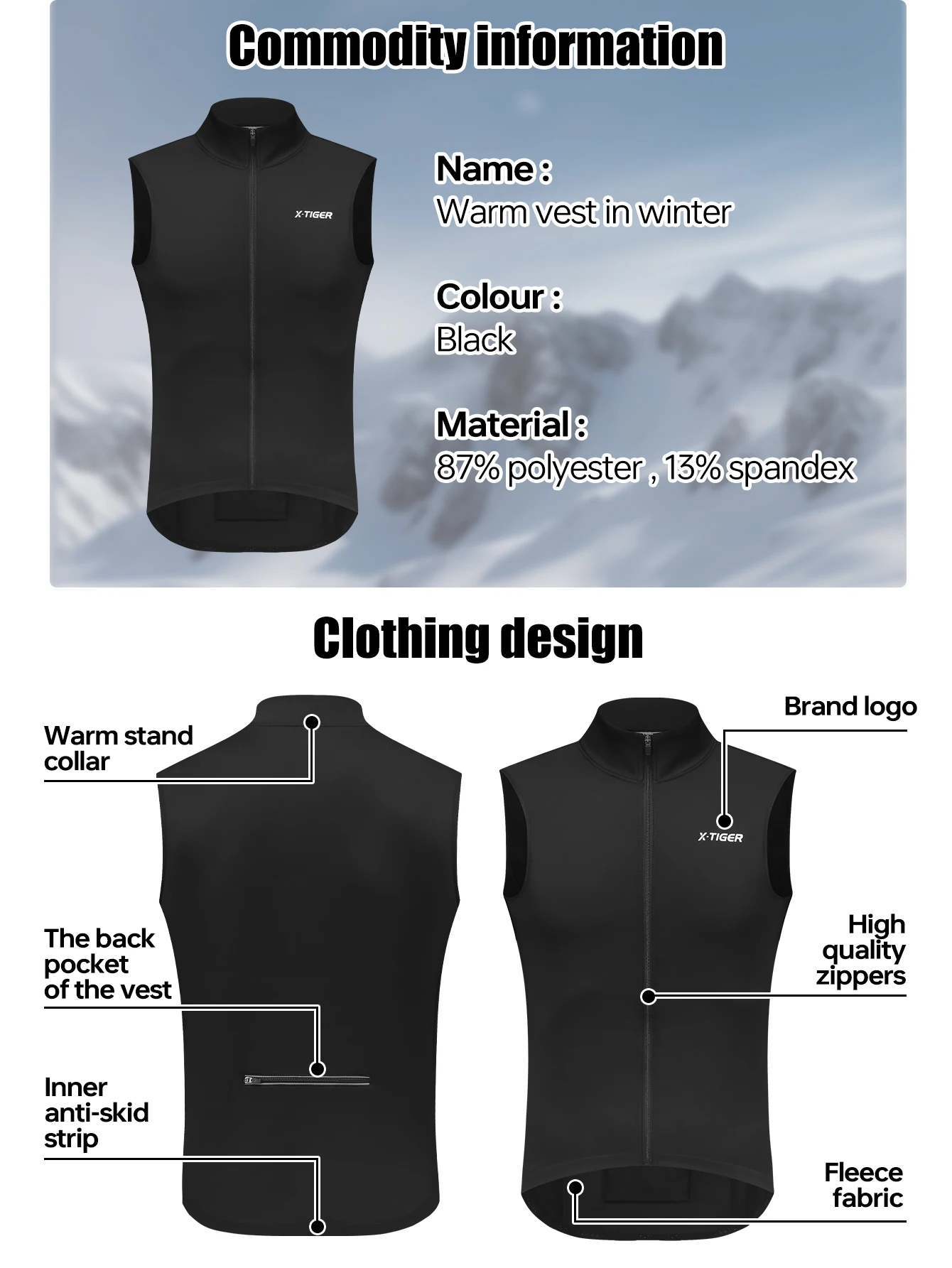 X-TIGER Warme Fahrradweste, winddicht, lockere Fleece-Weste, ärmellos, für Mountainbike, Rennrad, Winter, reflektierende Fahrradweste – Detail 3
