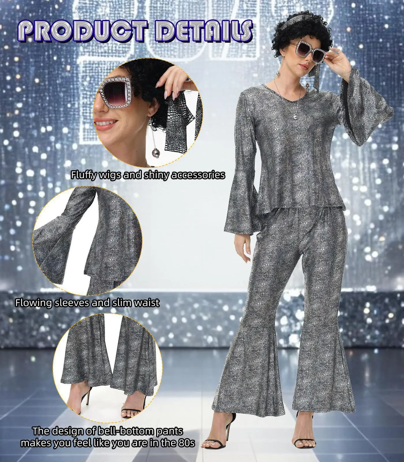 Déguisement Disco Années 70 Femme Complet – Haut, Pantalon, Lunettes, Bijoux et Perruque – photo 7