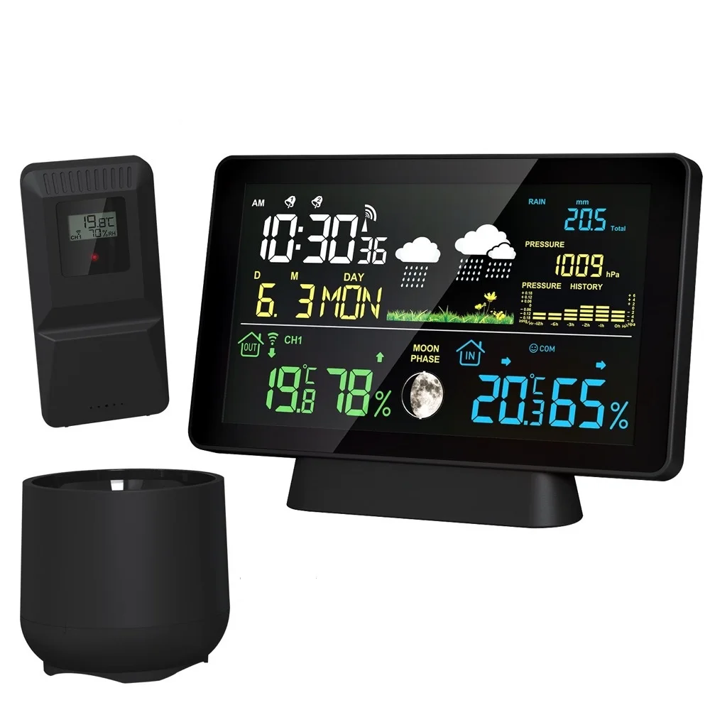 Беспроводная метеостанция, датчик дождя, термометр, DCF, радиосигнал, время, дата, будильник, давление воздуха, фаза Луны, прогноз погоды
