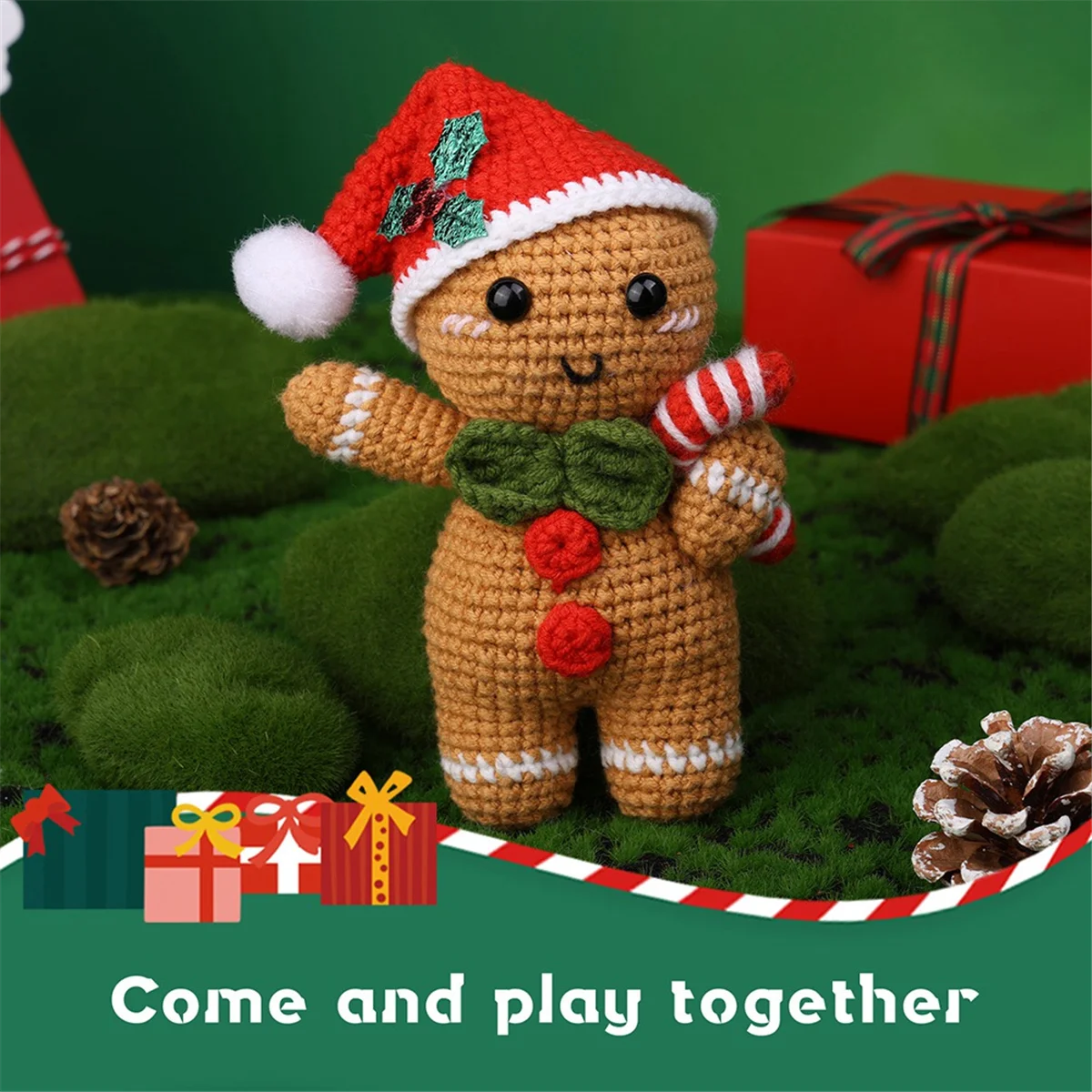 Christmas Christmas DIY Crochet Kit with Knitting Yarn Needles Plush Gingerbread Man Doll Easy