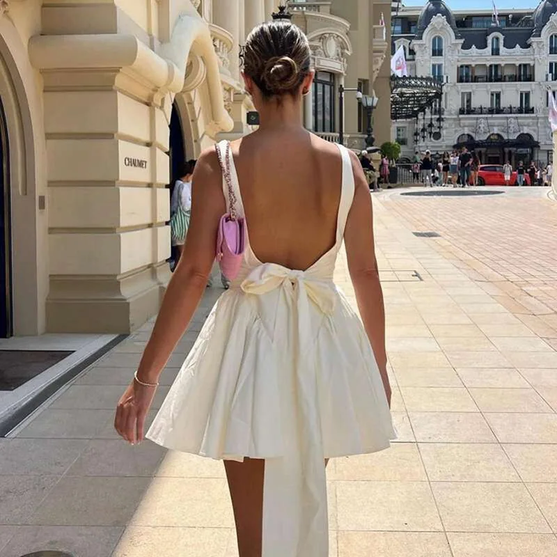 New Draped Elegant Solid Sleeveless Women Mini Dress Slim Square Neck Backless A-line Dresses 2024 Summer Lady Party Club Robes