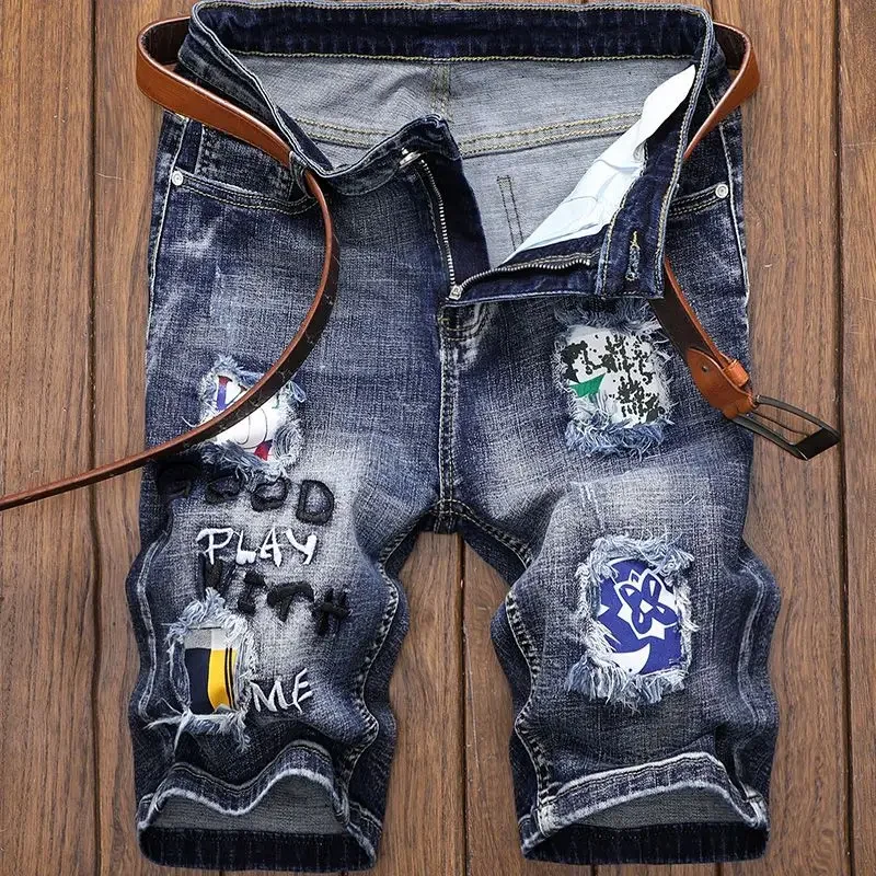 Man Denim Shorts Straight Patches Ripped Short Jeans Pants for Men Embroidery Y2k Fashion Korean Streetwear Rude New in Summer