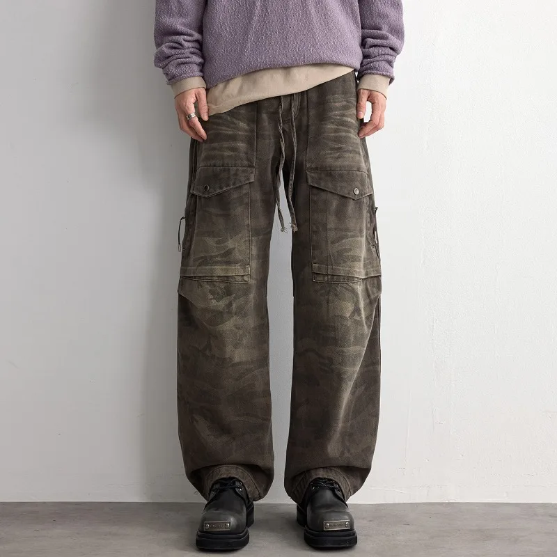 

Мужские широкие брюки-карго в стиле кэжуал с камуфляжным принтом, утилитарными карманами, на шнурке, свободного кроя, джинсы в уличном стиле, джинсовые брюки