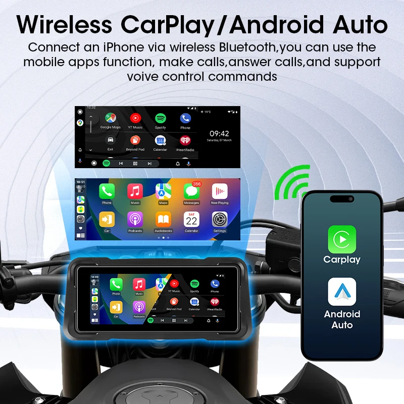 7" Motorcycle Portable Wireless CarPlay Android Auto Airplay Display Screen Waterproof DashCam Navigation Bluetooth Moto Monitor