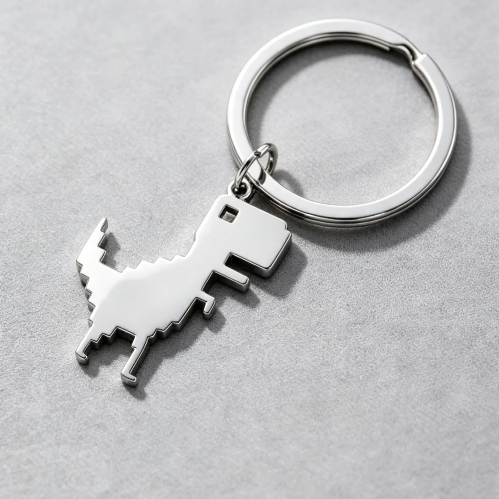 Silver Pixel Dinosaur Keychain, No Engraving, Minimalist Stainless Steel Cartoon Dino Metal Key Ring Accessory.