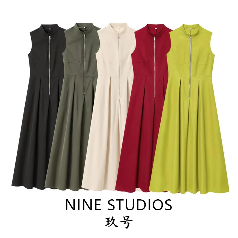 Nine Zar Women's Pure Color Casual Versatile Zipper Decorated Sleeveless Long Dress Elegant A-Line Silhouette Ladies' Fashion