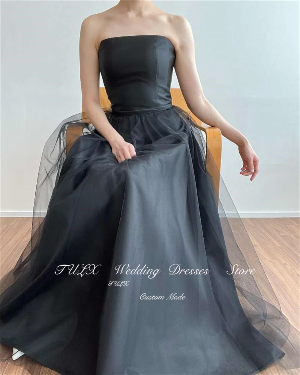 TULX Simple Strapless Satin Korea Wedding Dresses Photo Shoot Black Long Detachable Tulle Bridal Gowns Corset Back Custom Made