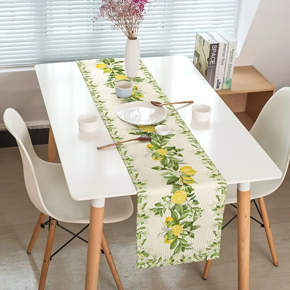 Spring Summer Lemon Flower Leaves Linen Table Runner Dresser Scarf Decor Seasonal Floral Plant Table Runners Holiday Party Decor